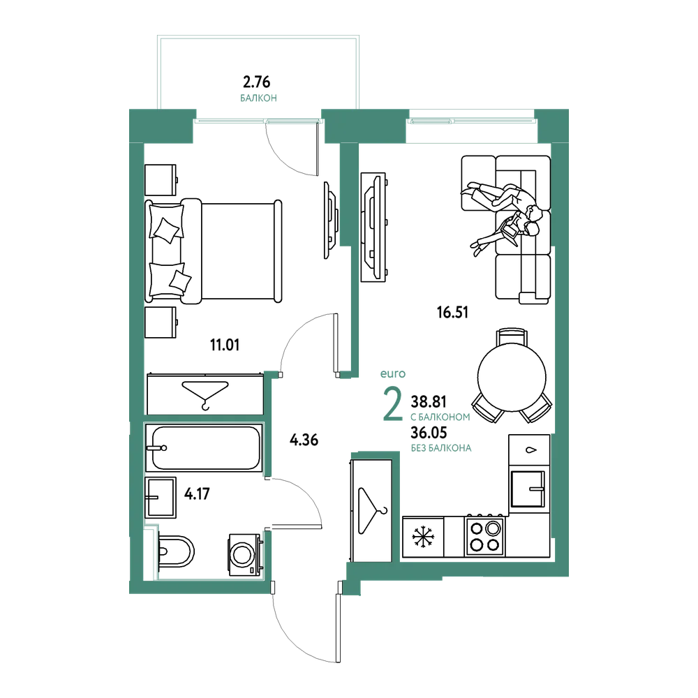 Планировка: Евродвушка 38,81 м²