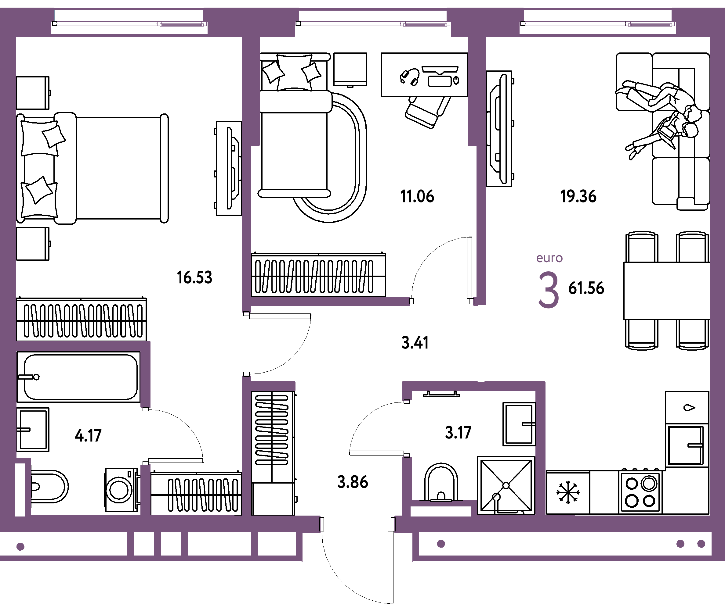 Планировка: Евротрёшка 61,56 м² в ЖК «Страна.Прибрежная»