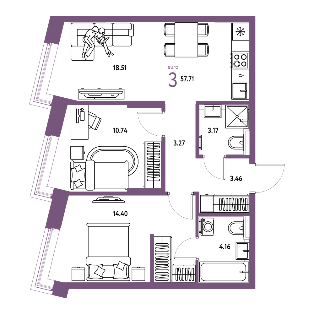 Планировка: Евротрёшка 57,71 м²