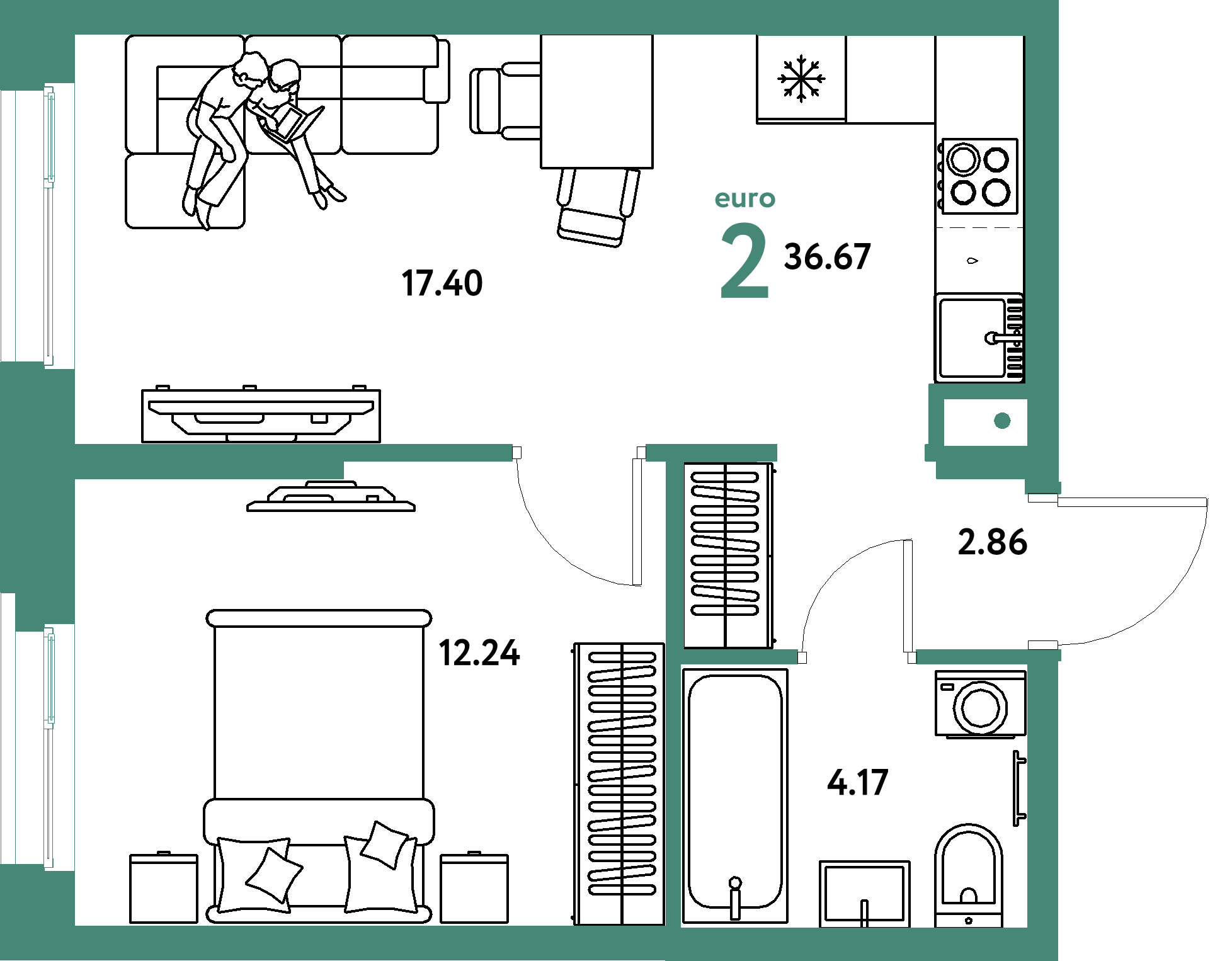 Планировка: Евродвушка 36,67 м² в ЖК «Европейский берег 2.0»