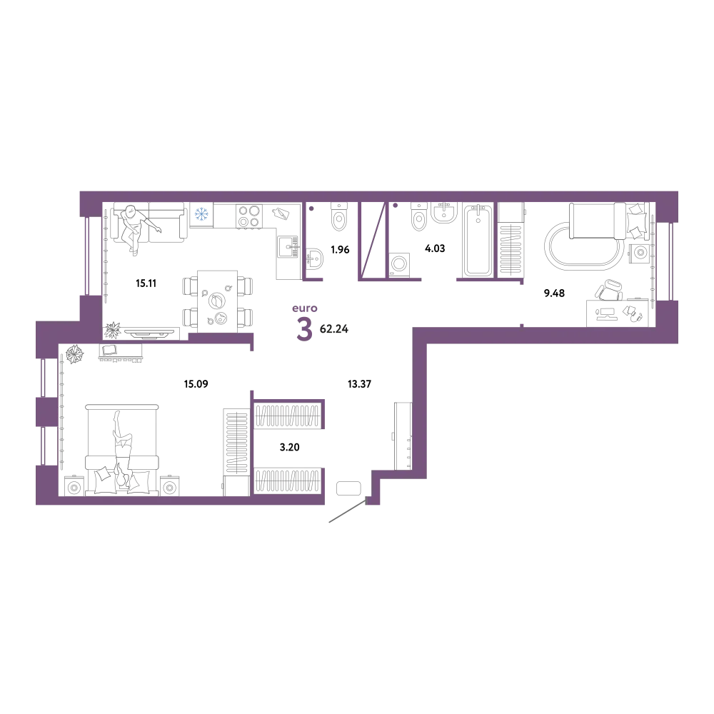 Планировка: Евротрёшка 62,24 м²