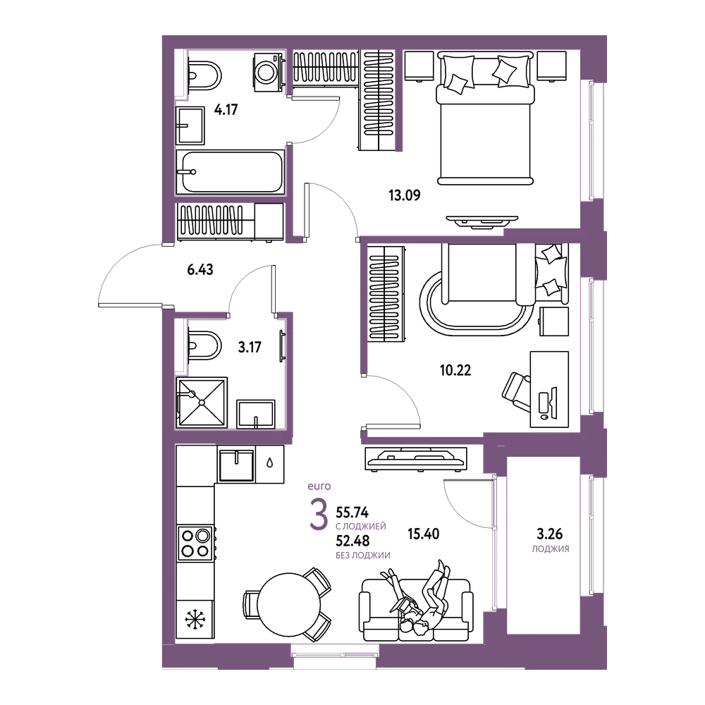 Планировка: Евротрёшка 55,74 м²