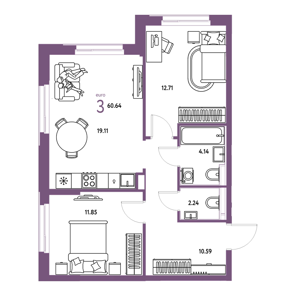 Планировка: Евротрёшка 60,64 м²