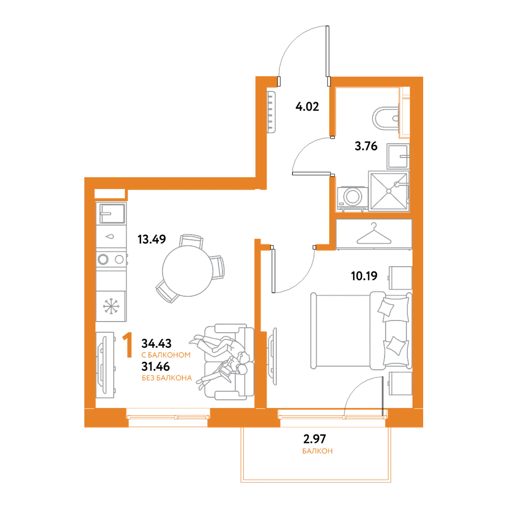 Планировка: 1-комнатная 34,43 м²