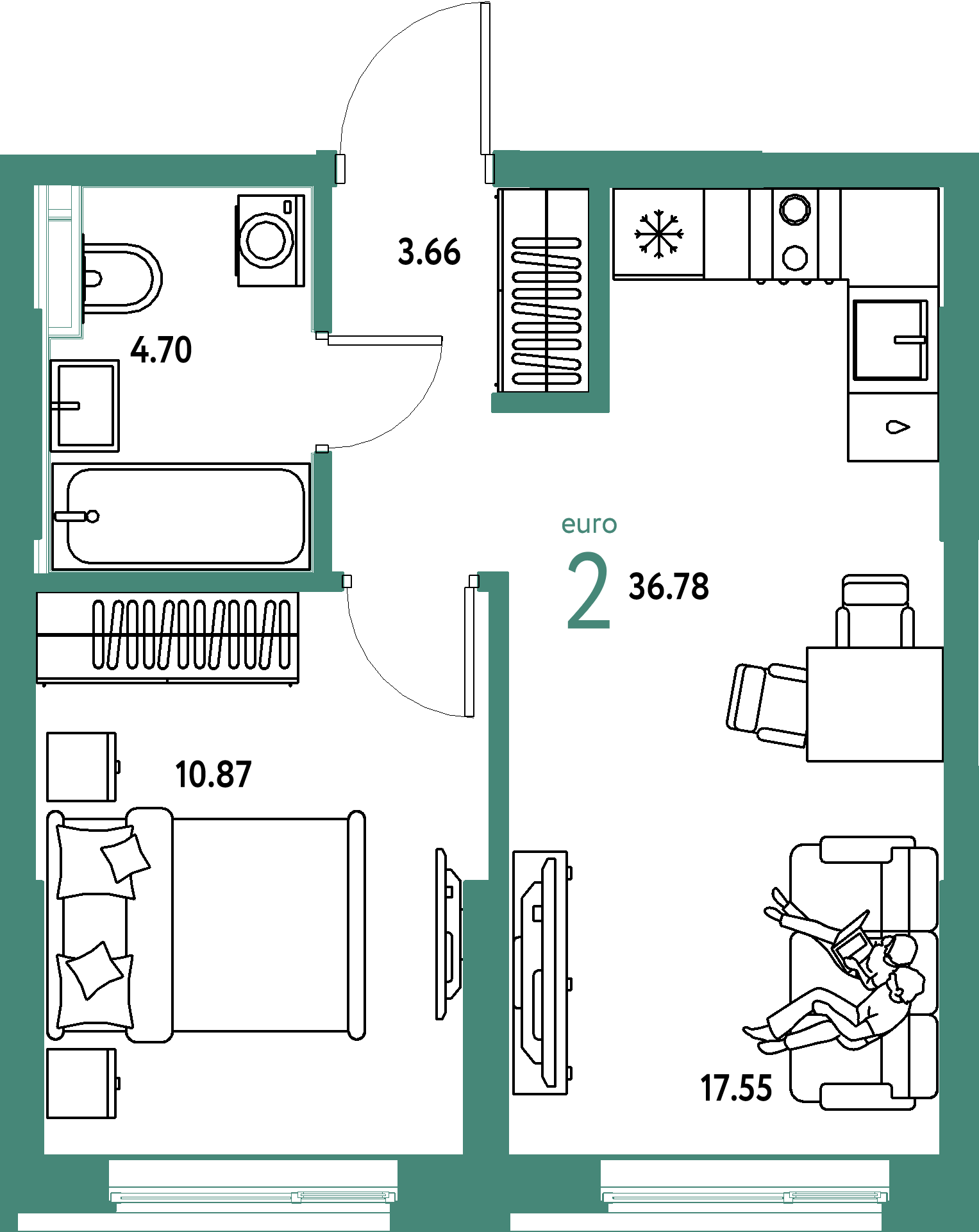 Планировка: Евродвушка 36,66 м² в ЖК «Остров-сад»