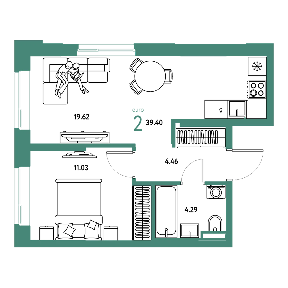 Планировка: Евродвушка 39,4 м²
