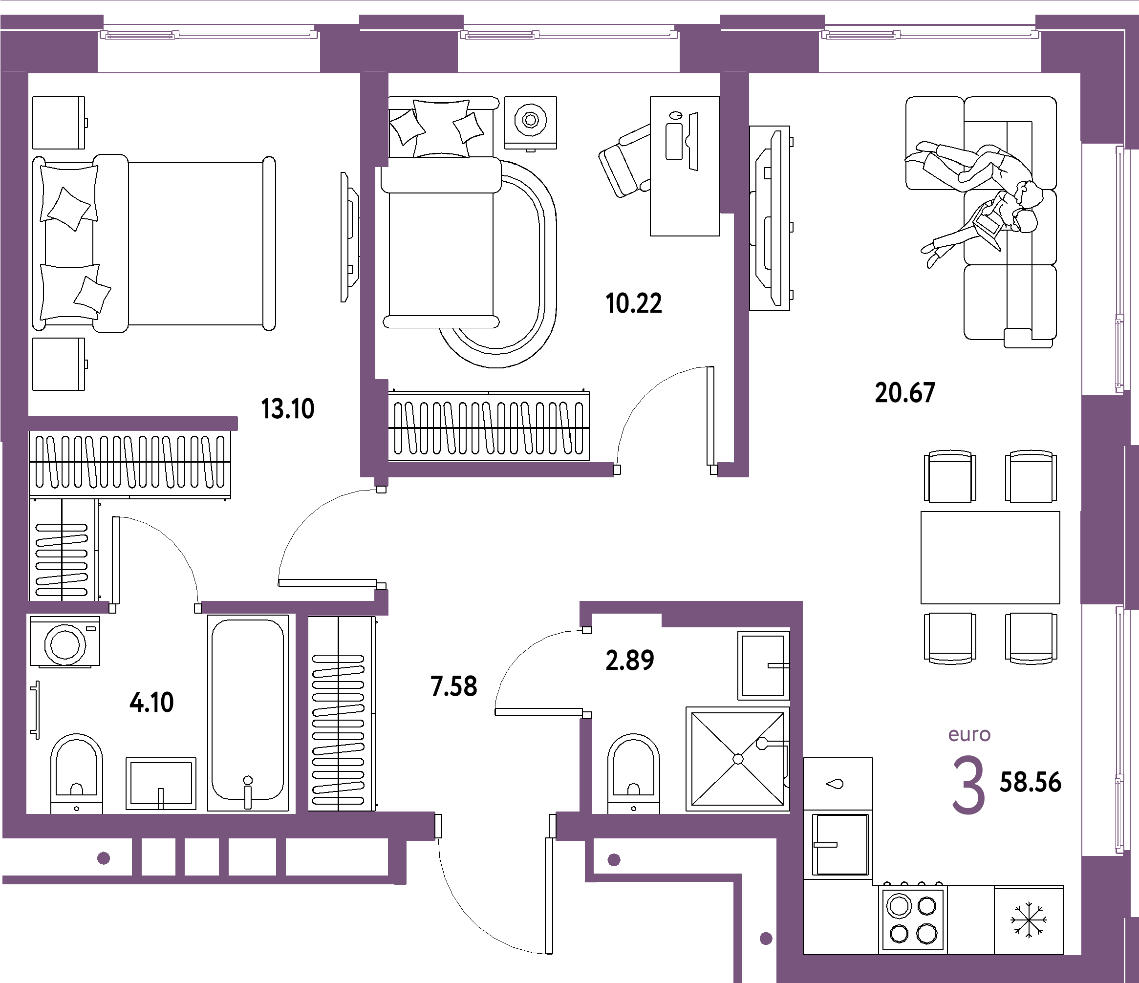 Планировка: Евротрёшка 58,56 м² в ЖК «Домашний»