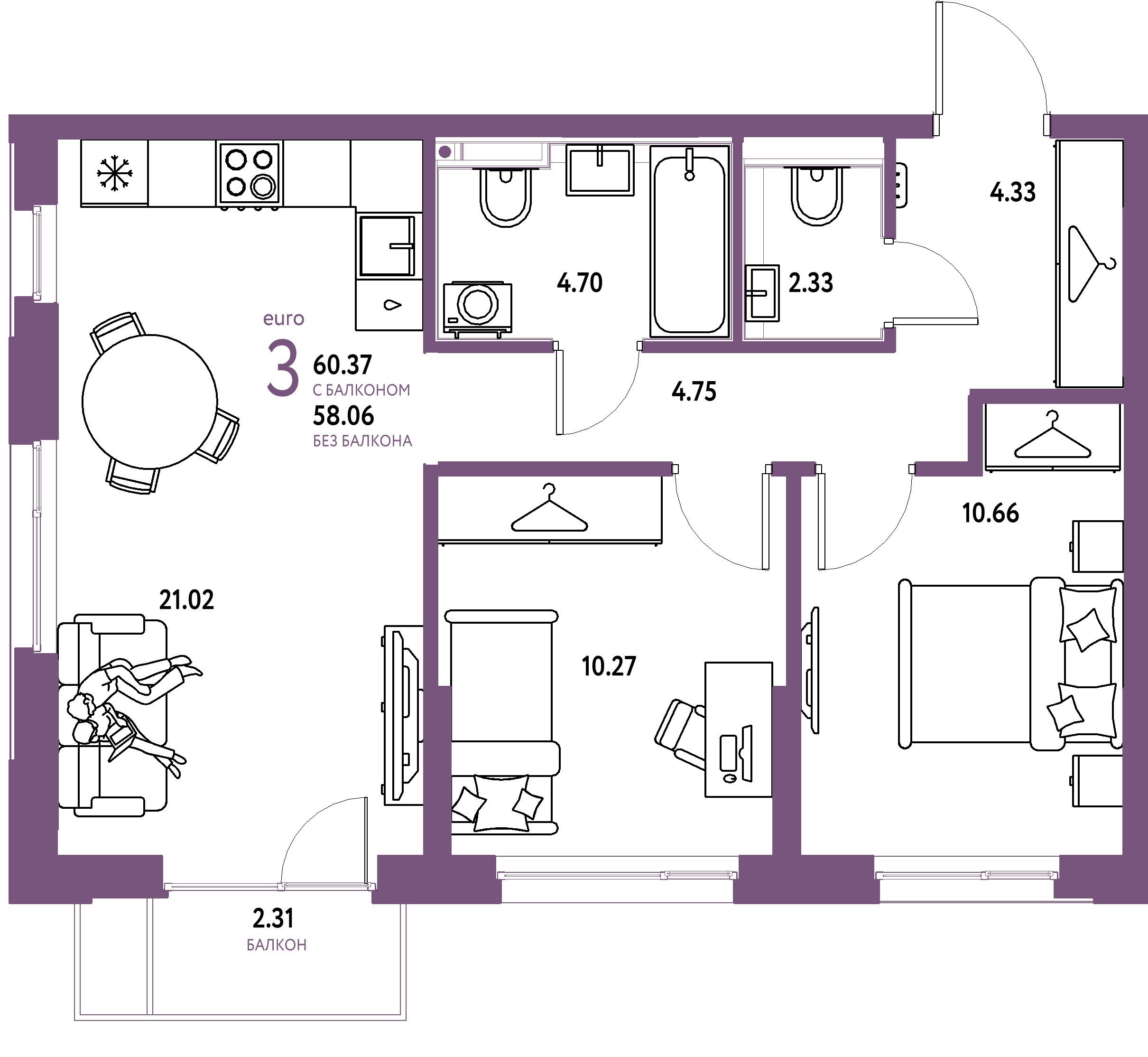 Планировка: Евротрёшка 60,37 м² в ЖК «Страна.Прибрежная»