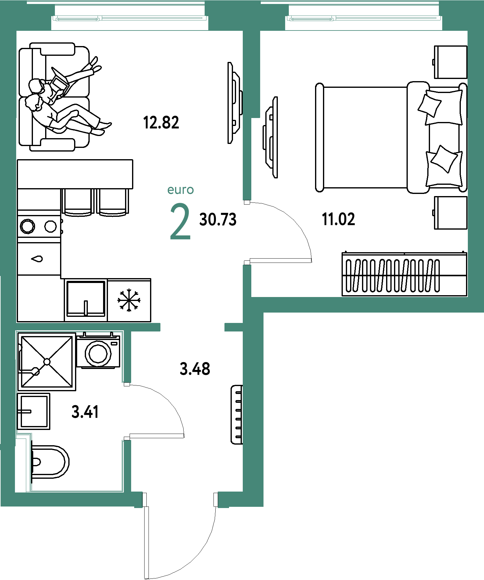 Планировка: Евродвушка 30,73 м² в ЖК «Домашний»