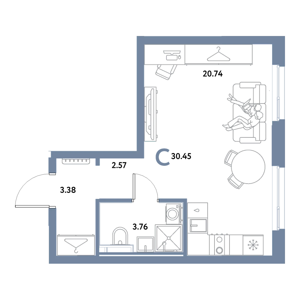 Планировка: Студия 30,45 м²