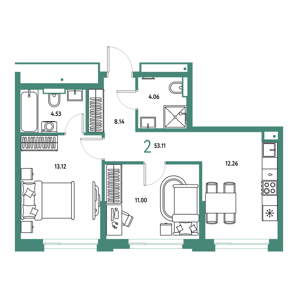 Планировка: 2-комнатная 53,11 м²