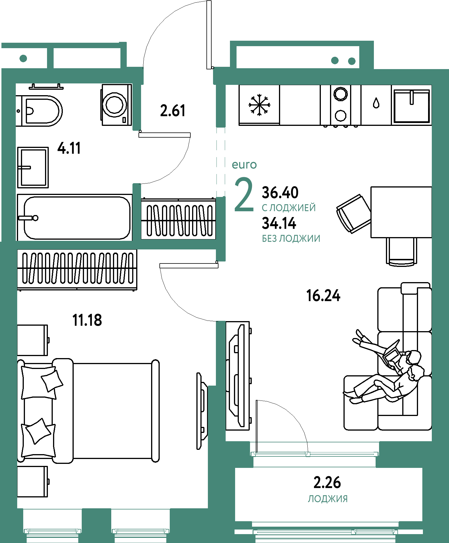 Планировка: Евродвушка 36,4 м² в ЖК «Домашний»