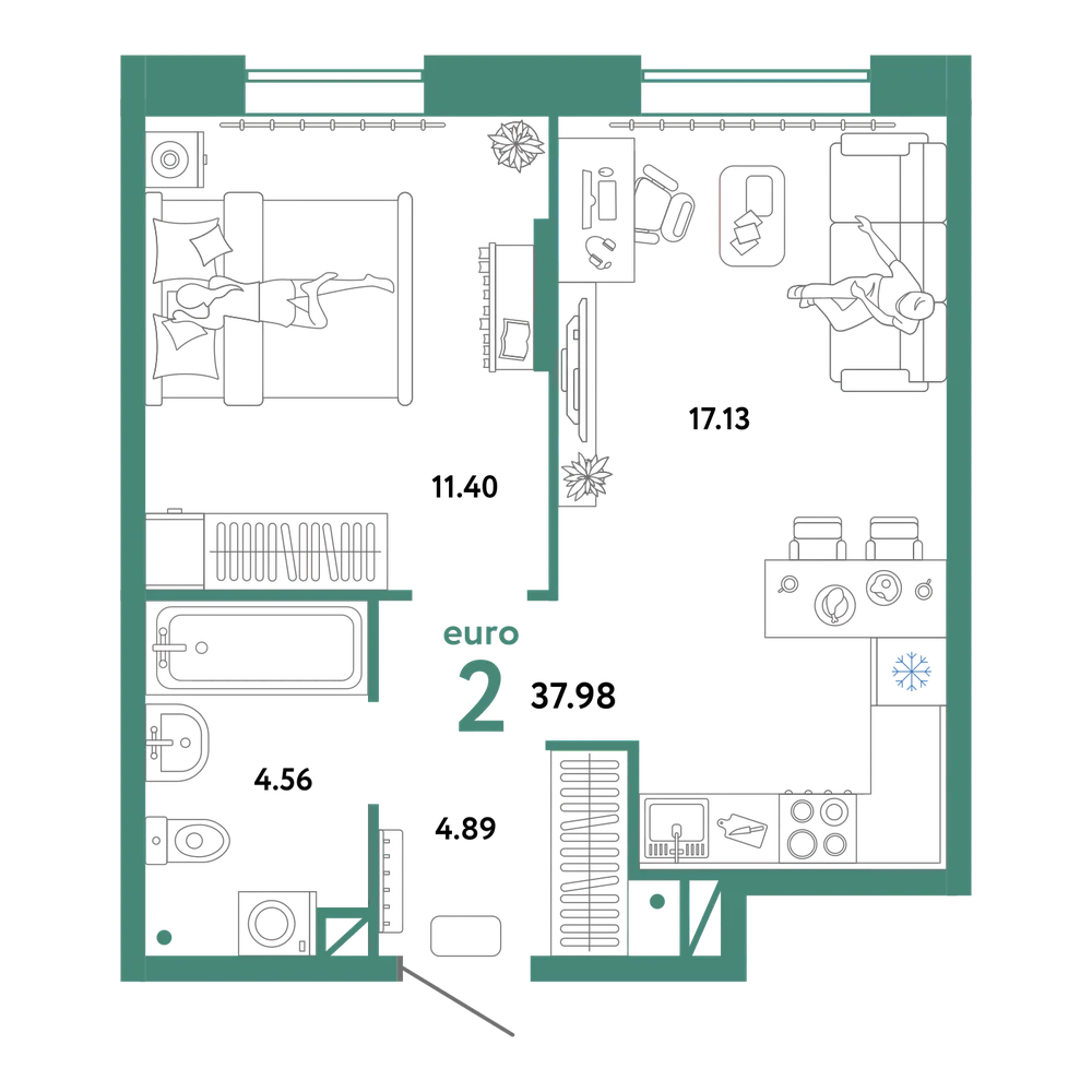 Планировка: Евродвушка 37,98 м²