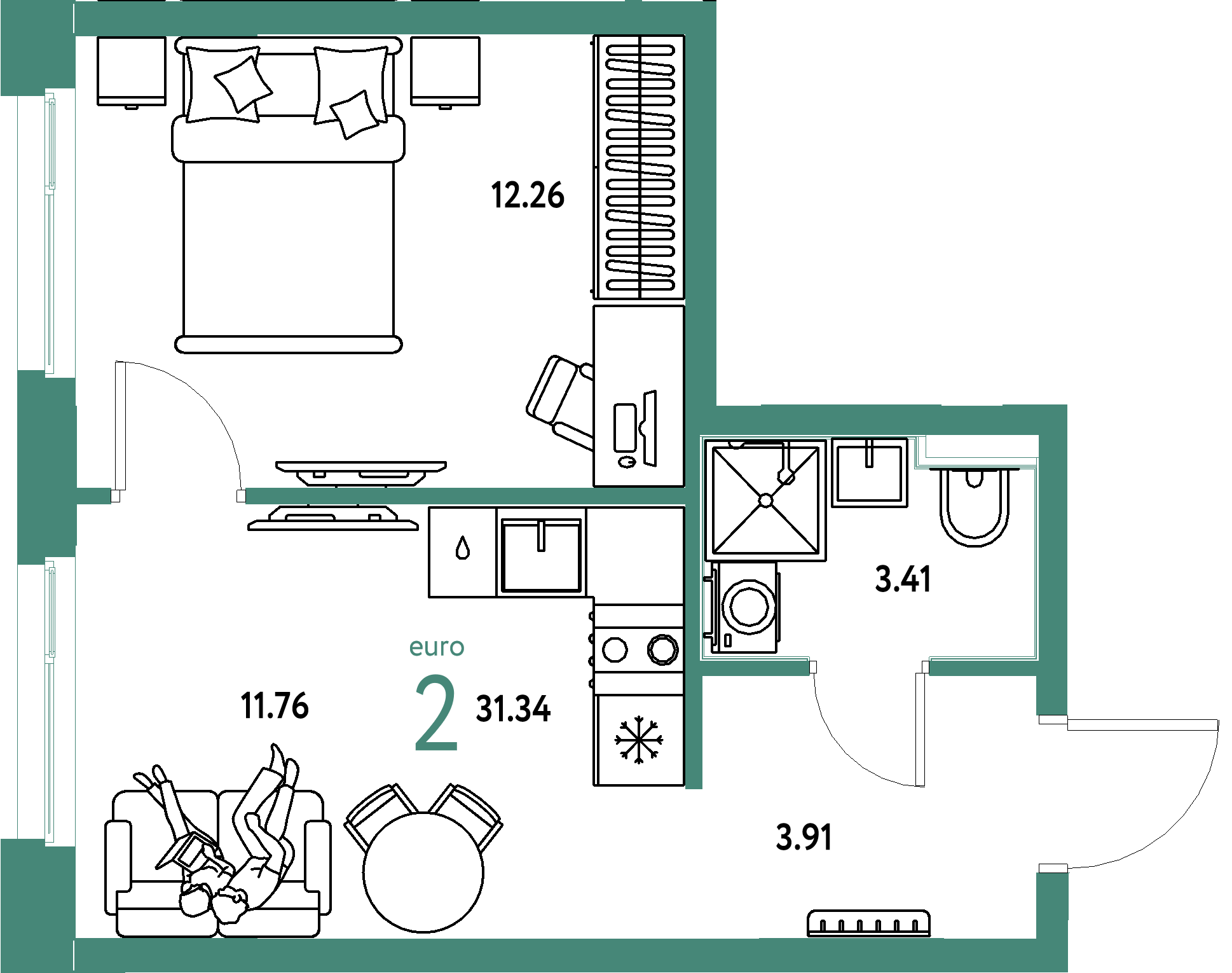 Планировка: Евродвушка 31,34 м² в ЖК «Домашний»
