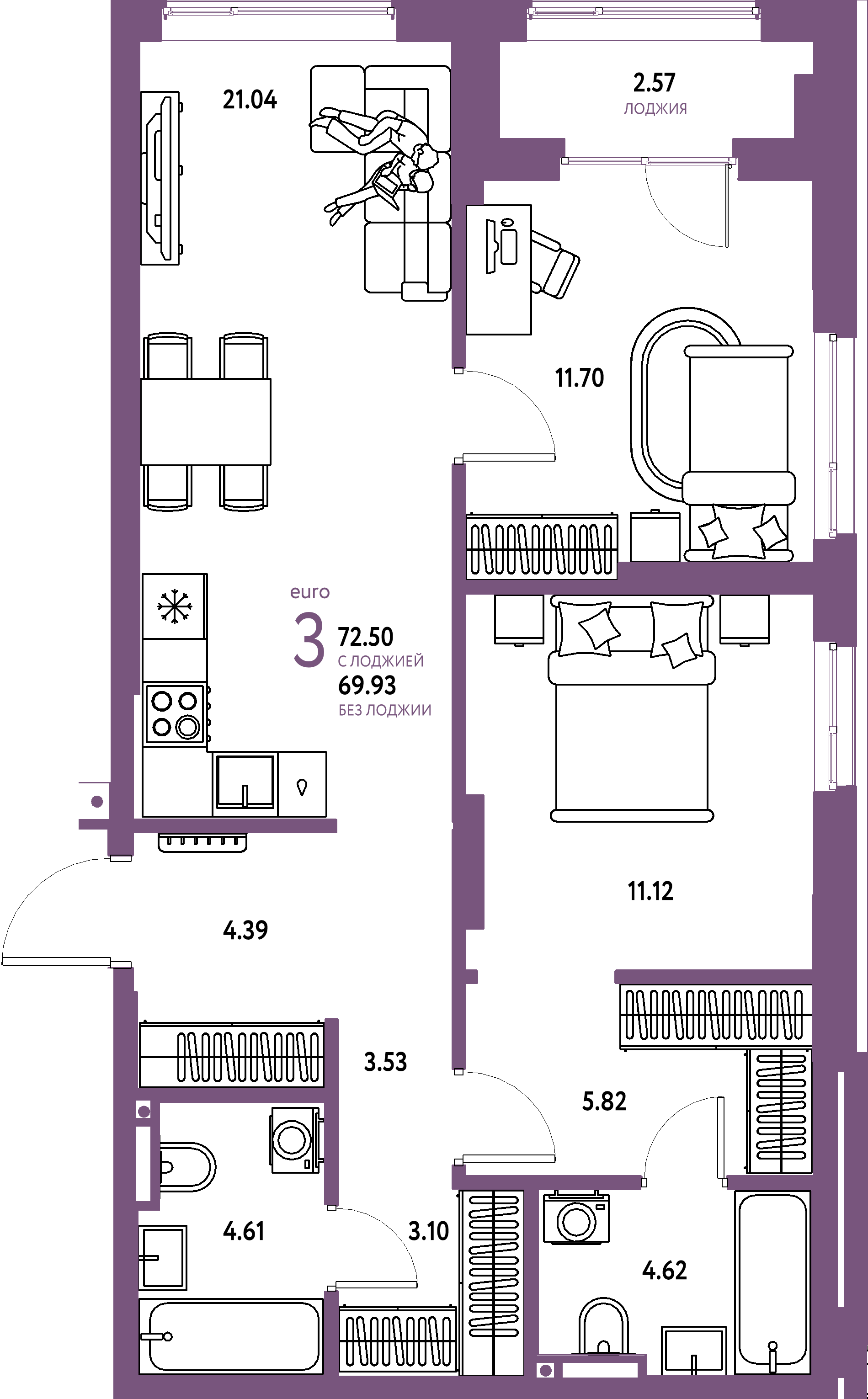 Планировка: Евротрёшка 72,5 м² в ЖК «Страна.Прибрежная»