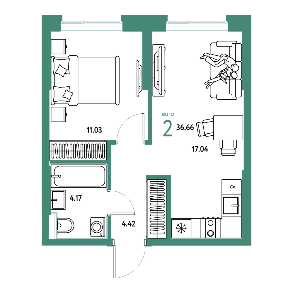 Планировка: Евродвушка 36,65 м²