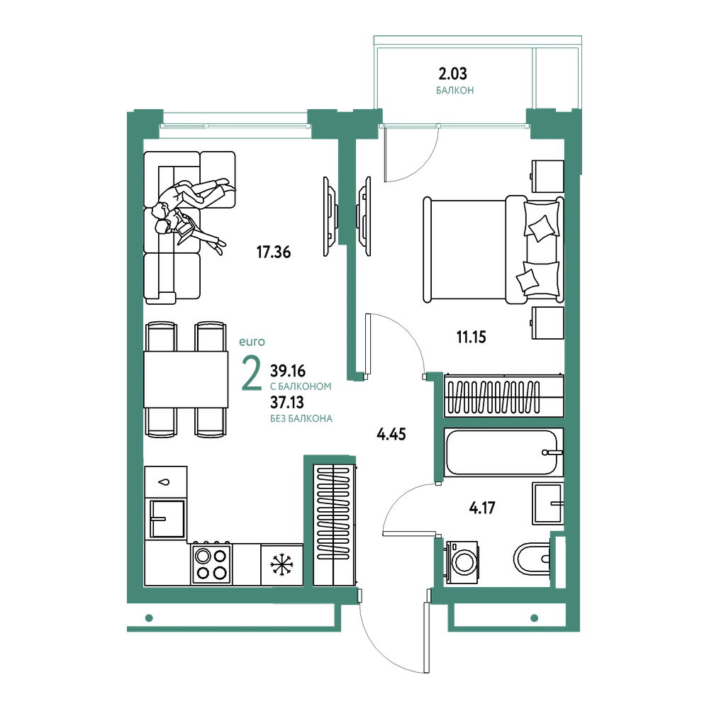 Планировка: Евродвушка 39,16 м²