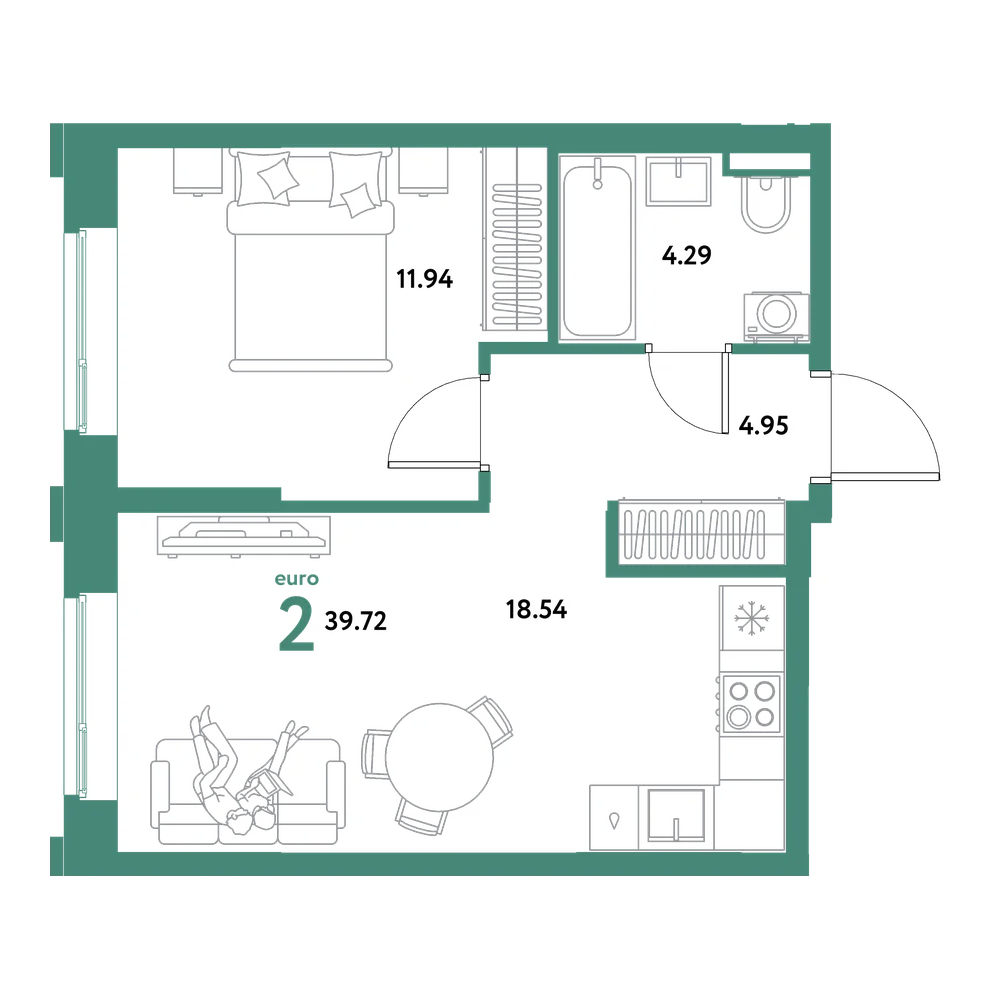 Планировка: Евродвушка 39,72 м²