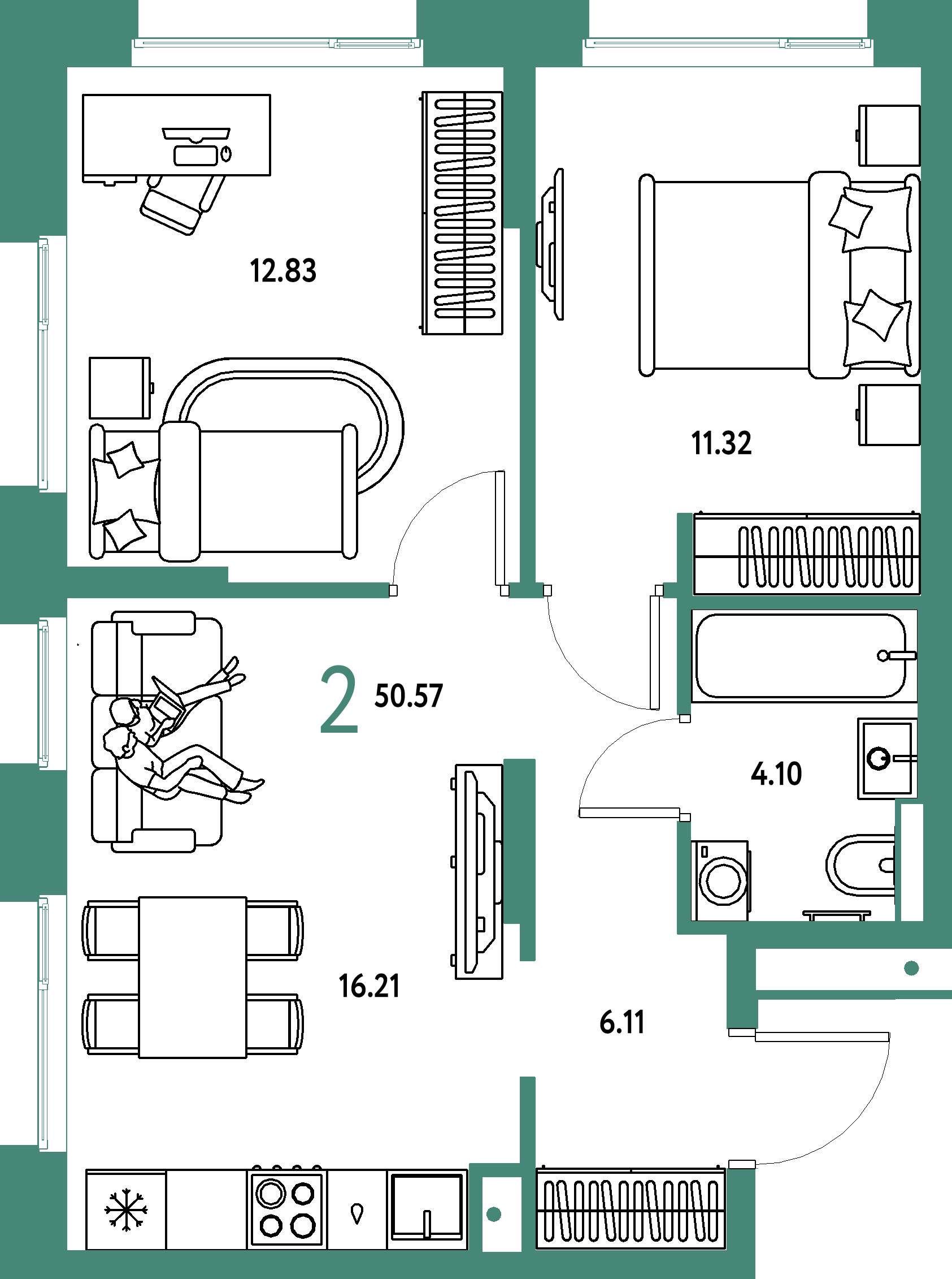 Планировка: 2-комнатная 50,57 м² в ЖК «Авторский»