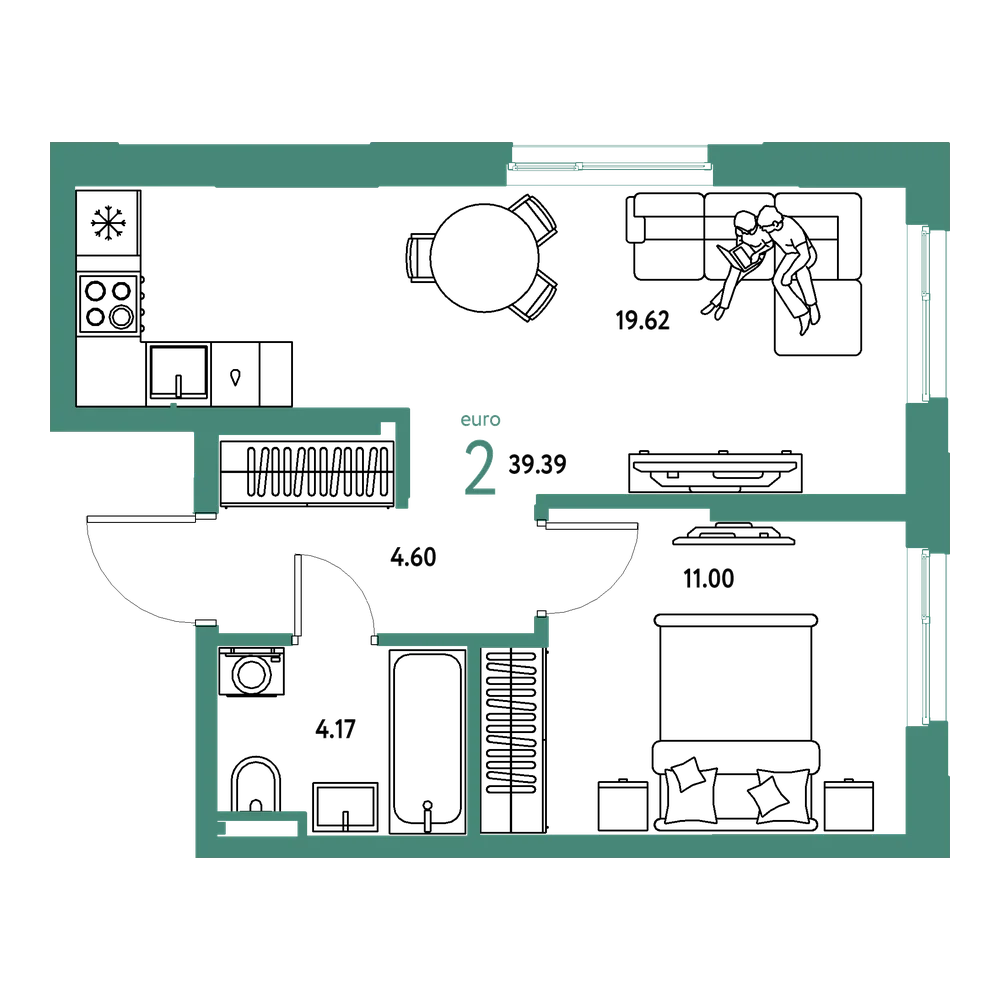Планировка: Евродвушка 39,39 м²