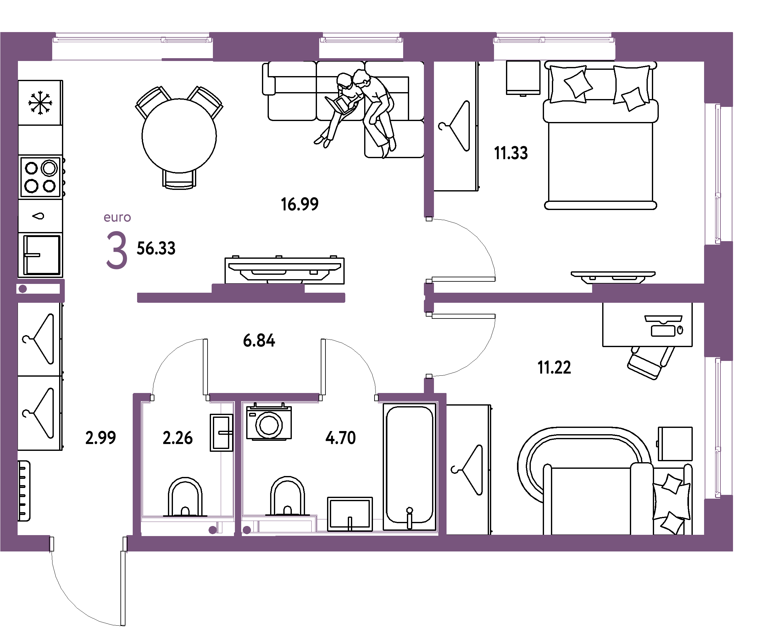Планировка: Евротрёшка 56,33 м² в ЖК «Страна.Прибрежная»