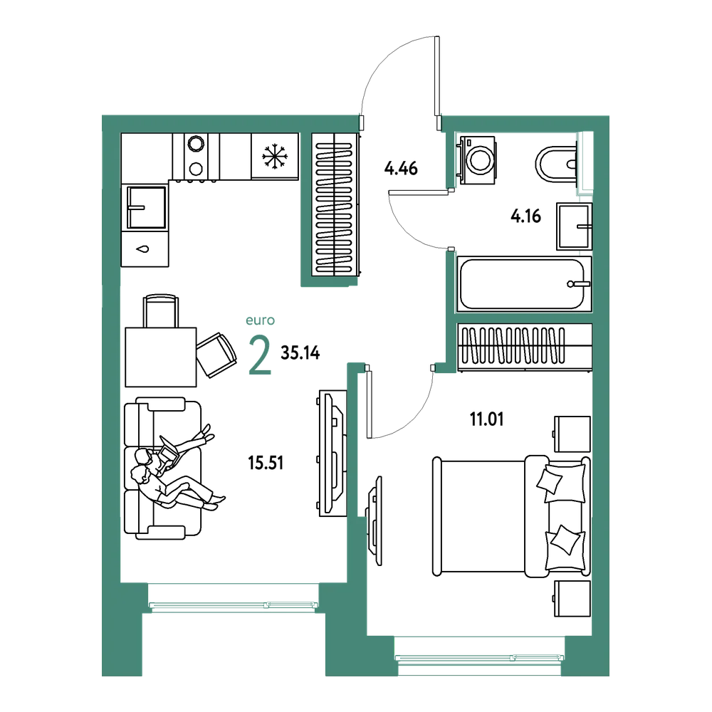 Планировка: Евродвушка 35,14 м²