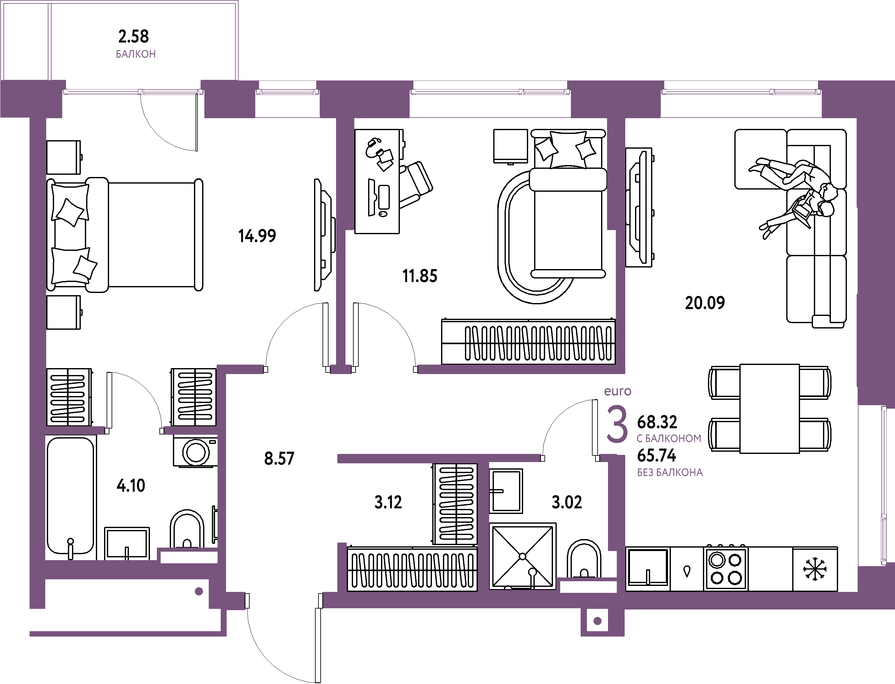 Планировка: Евротрёшка 68,32 м² в ЖК «Авторский»