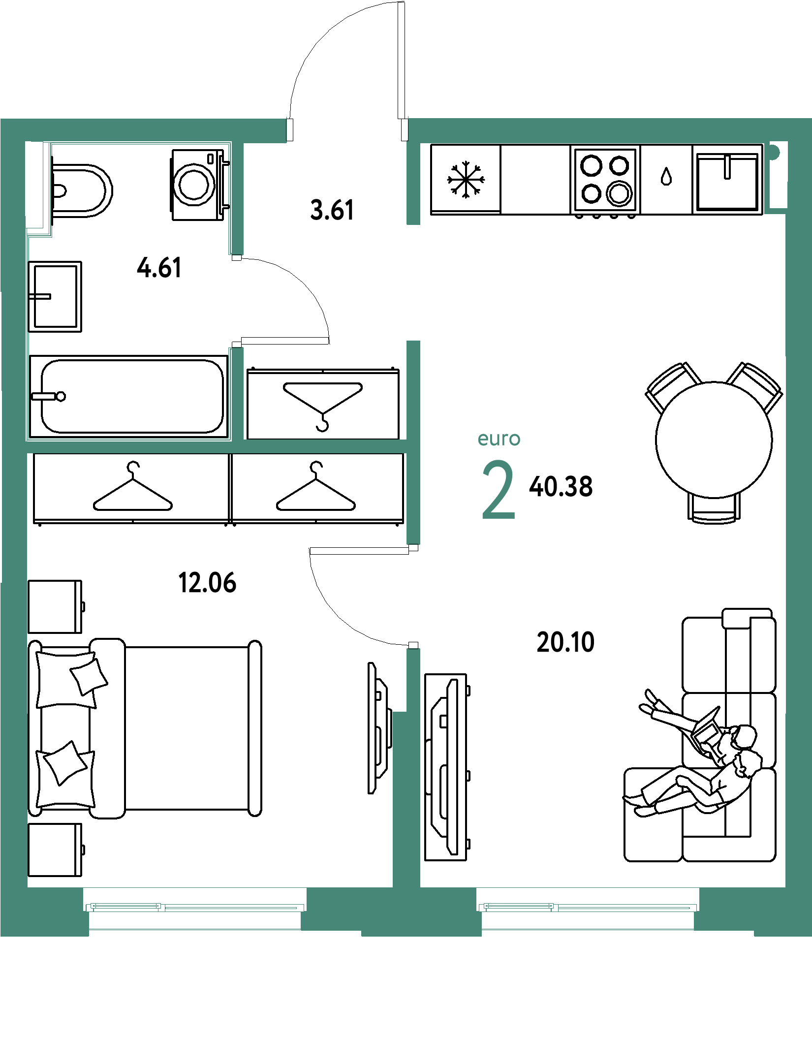Планировка: Евродвушка 40,38 м² в ЖК «Европейский берег 2.0»