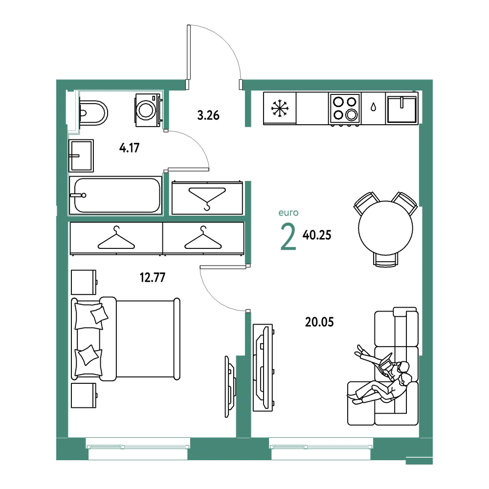 Планировка: Евродвушка 40,25 м²