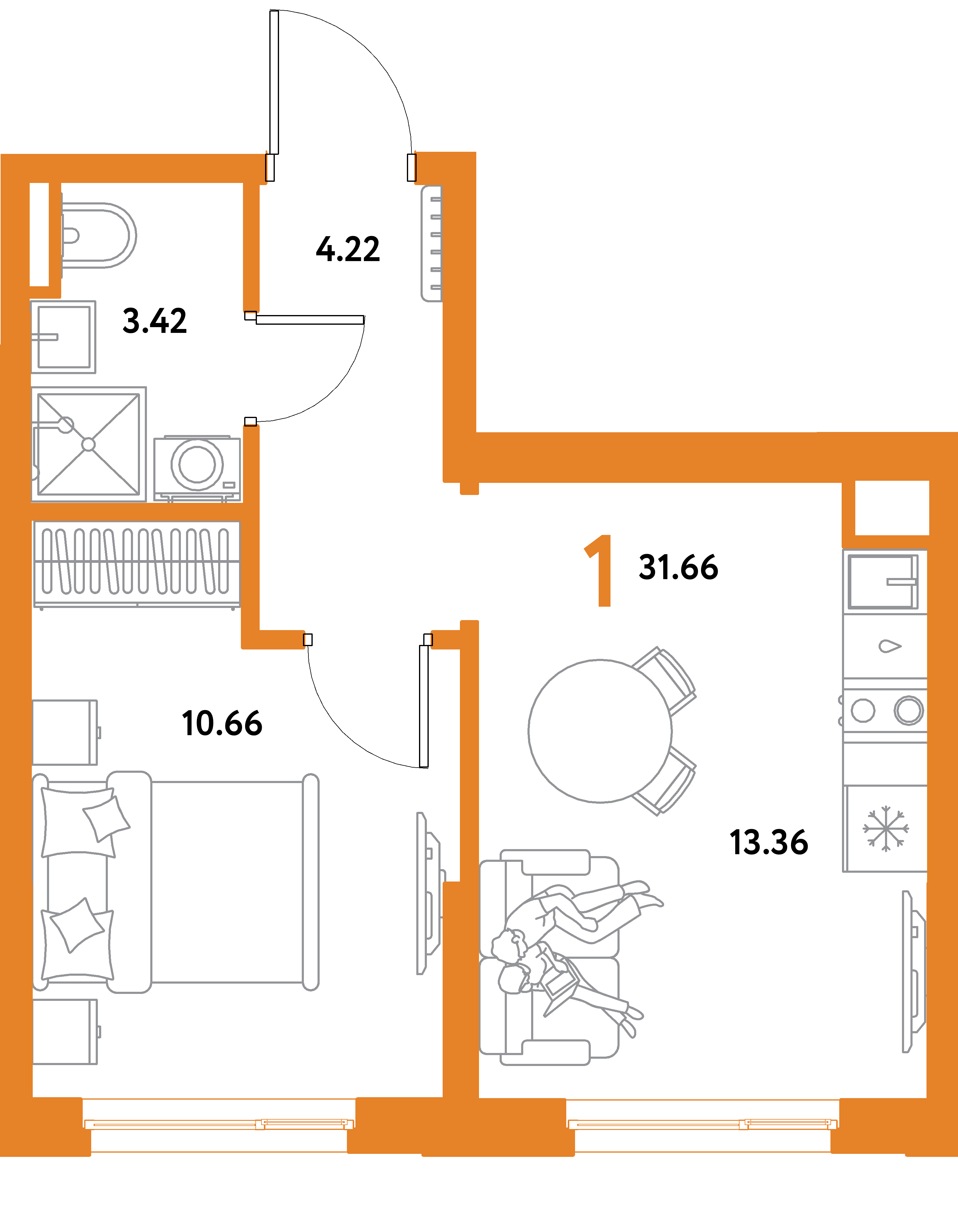 Планировка: 1-комнатная 31,66 м² в ЖК «Остров-сад»
