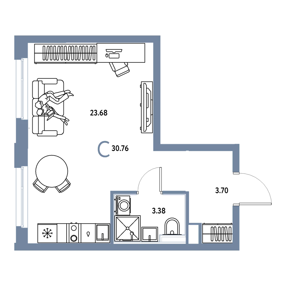 Планировка: Студия 30,76 м²
