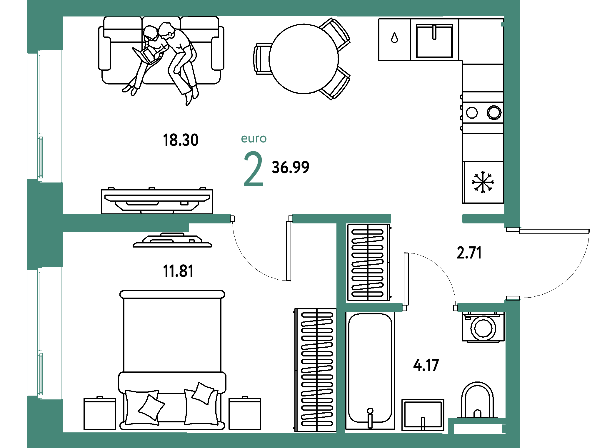 Планировка: Евродвушка 36,99 м² в ЖК «Остров-сад»