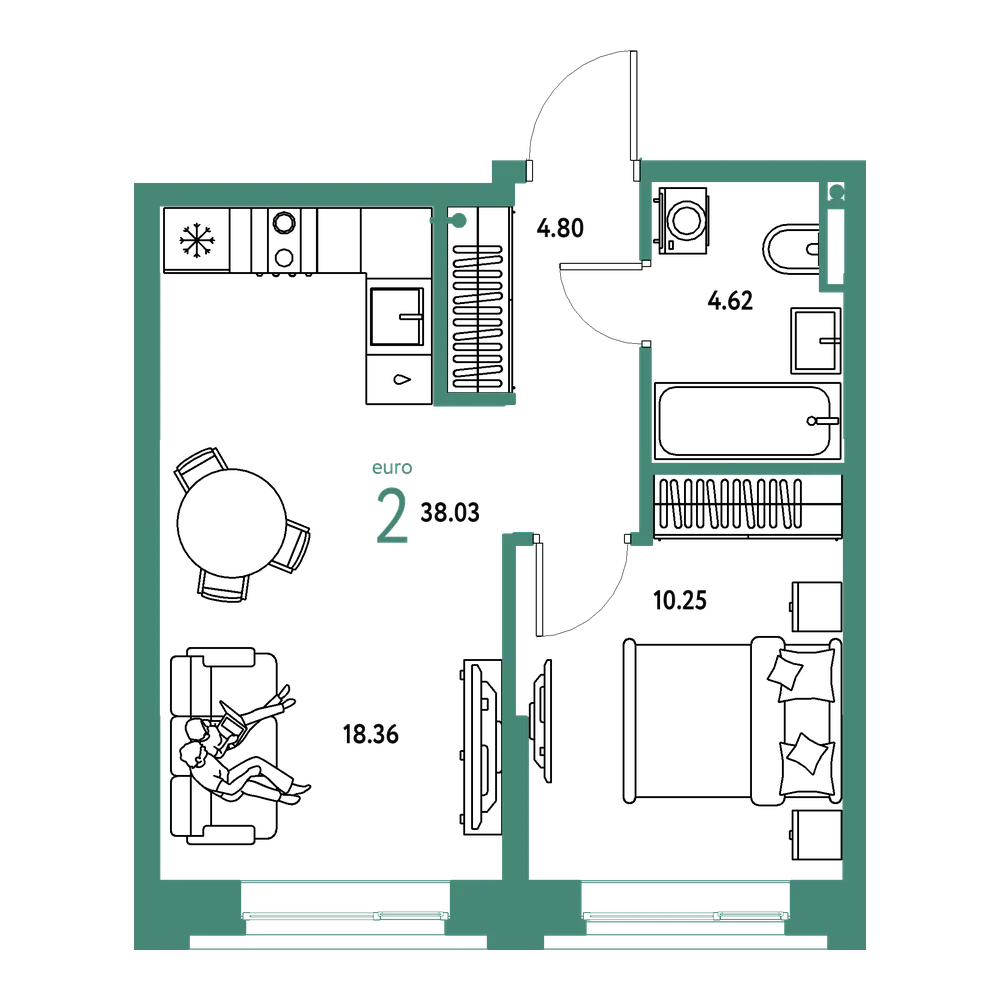 Планировка: Евродвушка 38,03 м²