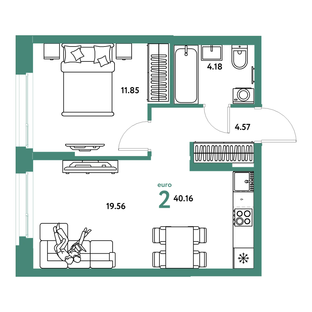 Планировка: Евродвушка 40,16 м²