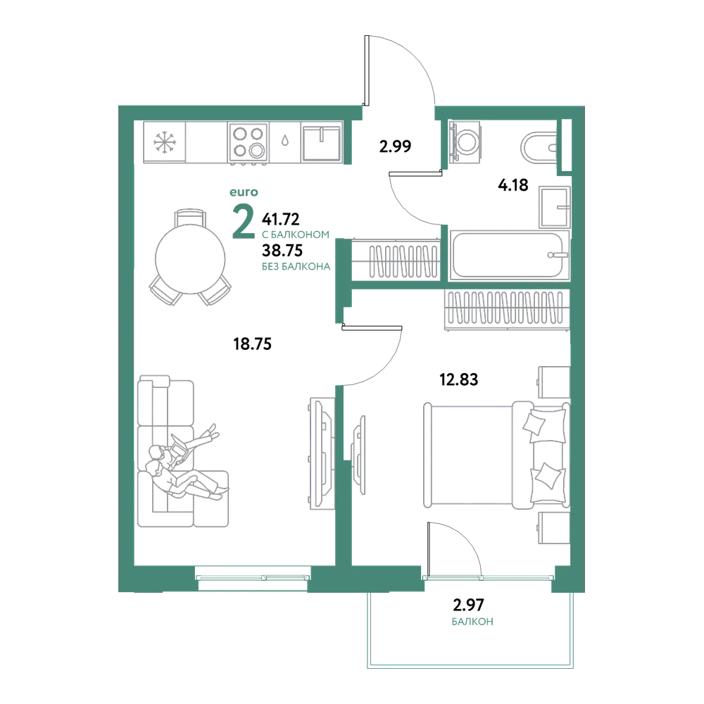Планировка: Евродвушка 41,72 м²