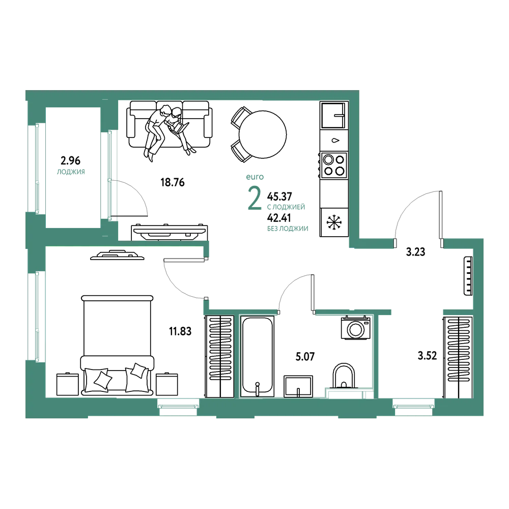Планировка: Евродвушка 45,37 м²
