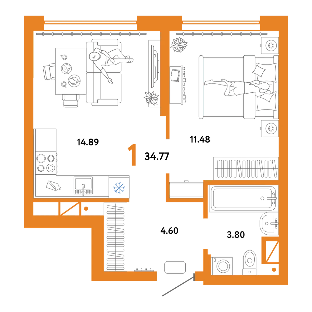 Планировка: 1-комнатная 34,77 м²