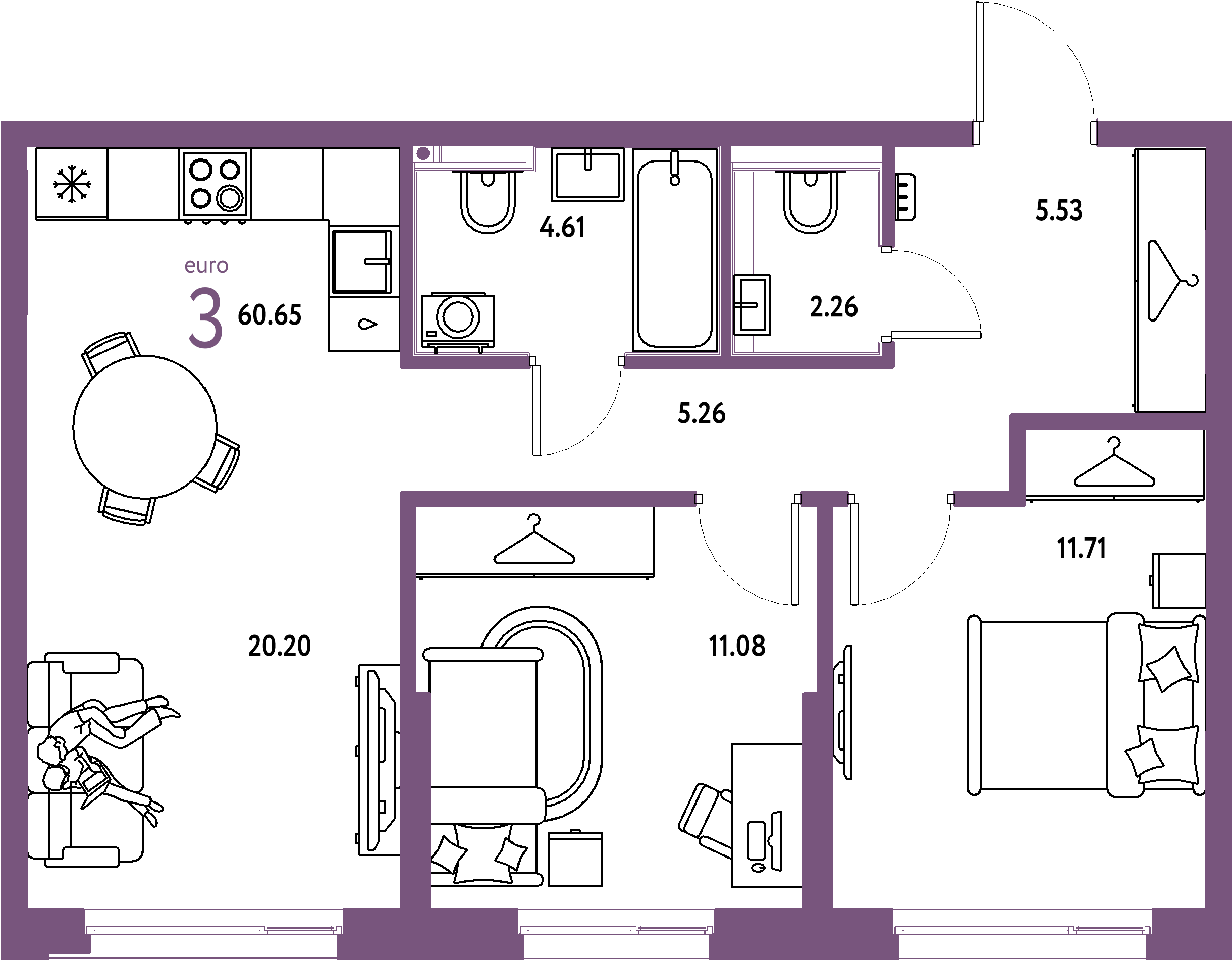 Планировка: Евротрёшка 60,65 м² в ЖК «Страна.Прибрежная»