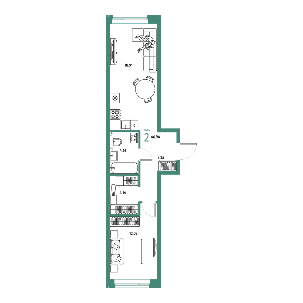 Планировка: Евродвушка 46,94 м²