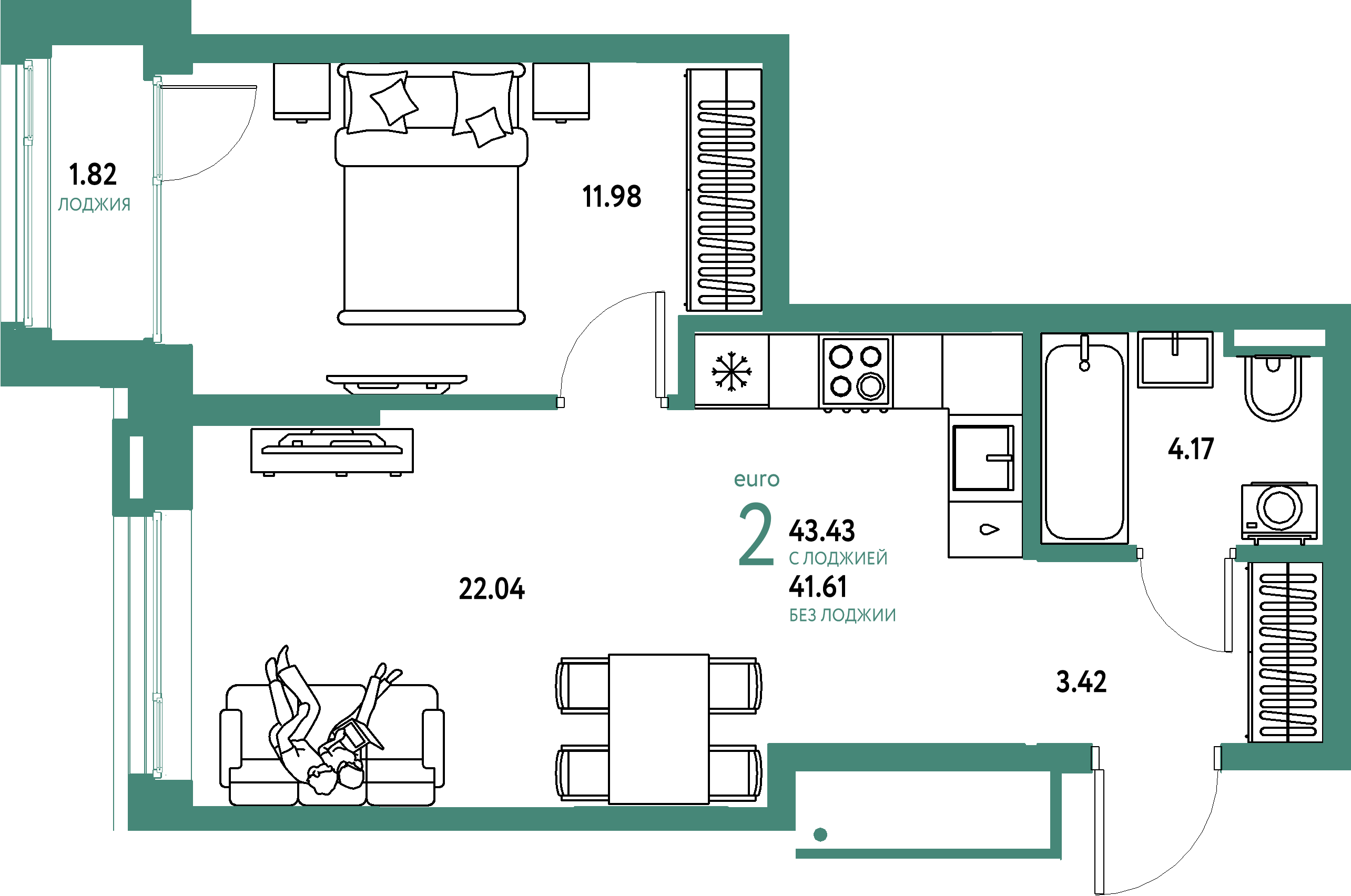 Планировка: Евродвушка 43,43 м² в ЖК «Страна.Прибрежная»