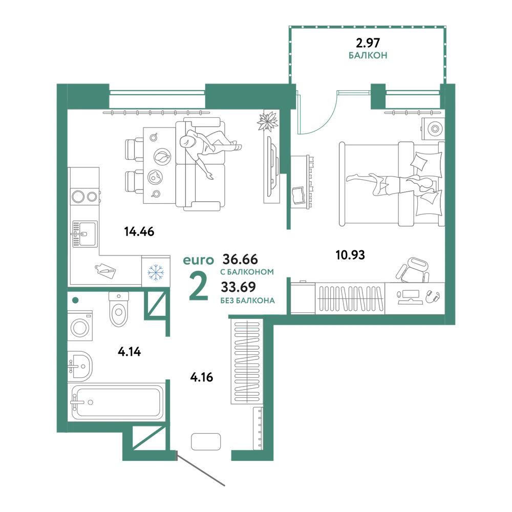 Планировка: Евродвушка 36,66 м²