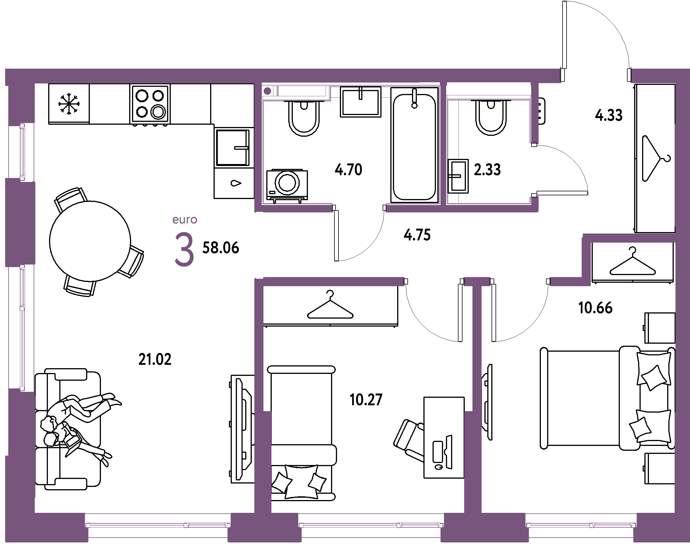Планировка: Евротрёшка 58,06 м² в ЖК «Страна.Прибрежная»