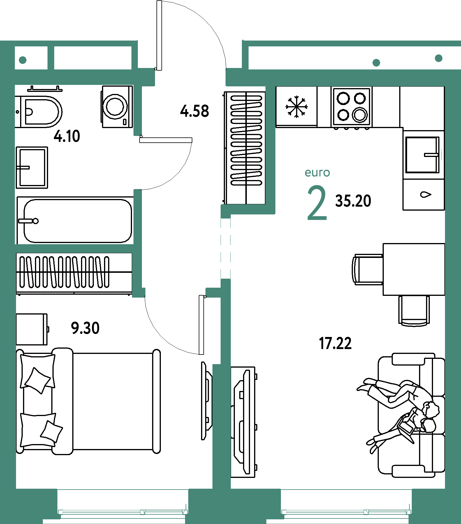 Планировка: Евродвушка 35,2 м² в ЖК «Домашний»