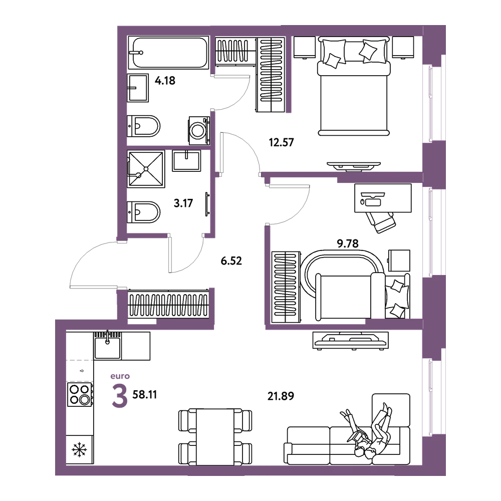 Планировка: Евротрёшка 58,11 м²