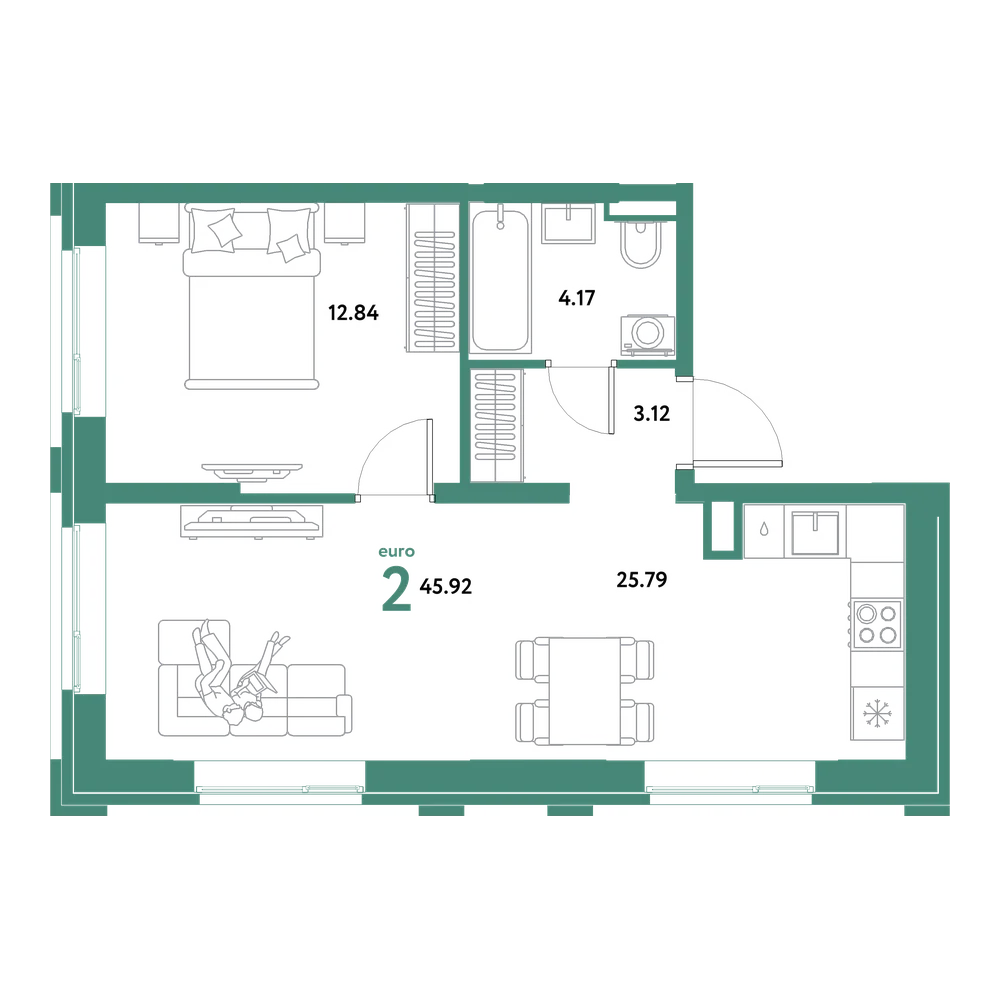 Планировка: Евродвушка 45,92 м²