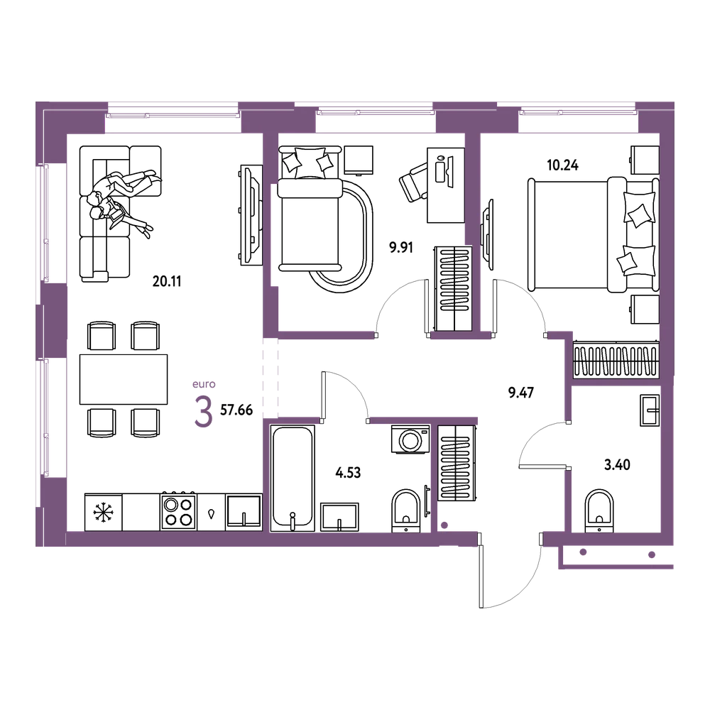 Планировка: Евротрёшка 57,66 м²