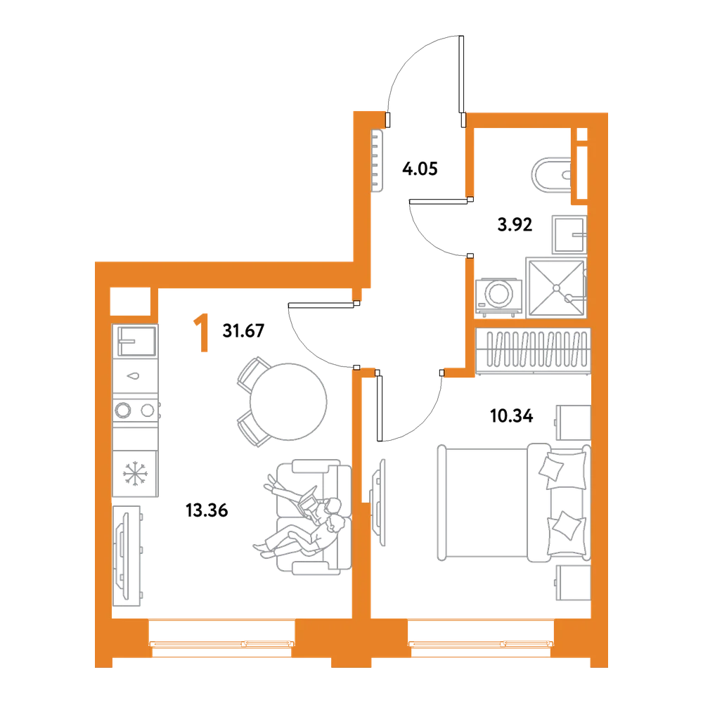 Планировка: 1-комнатная 31,67 м²