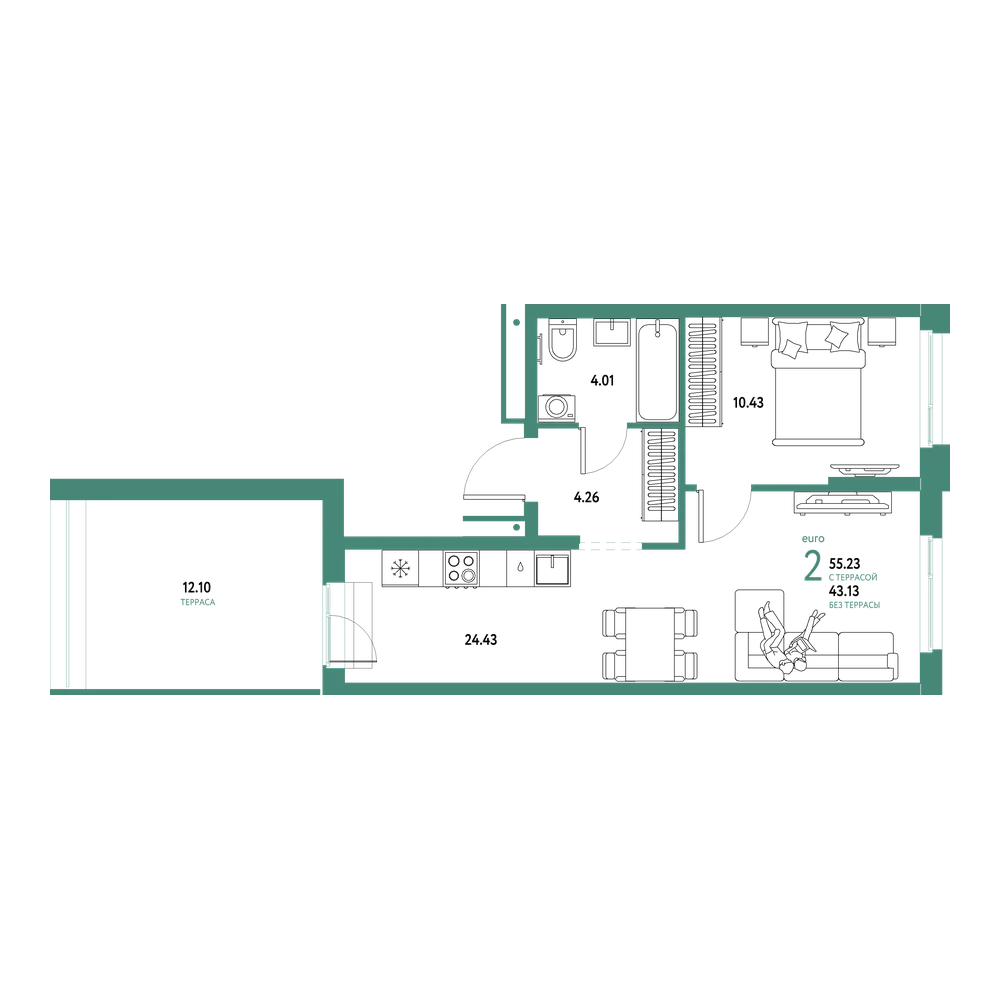Планировка: Евродвушка 55,23 м²