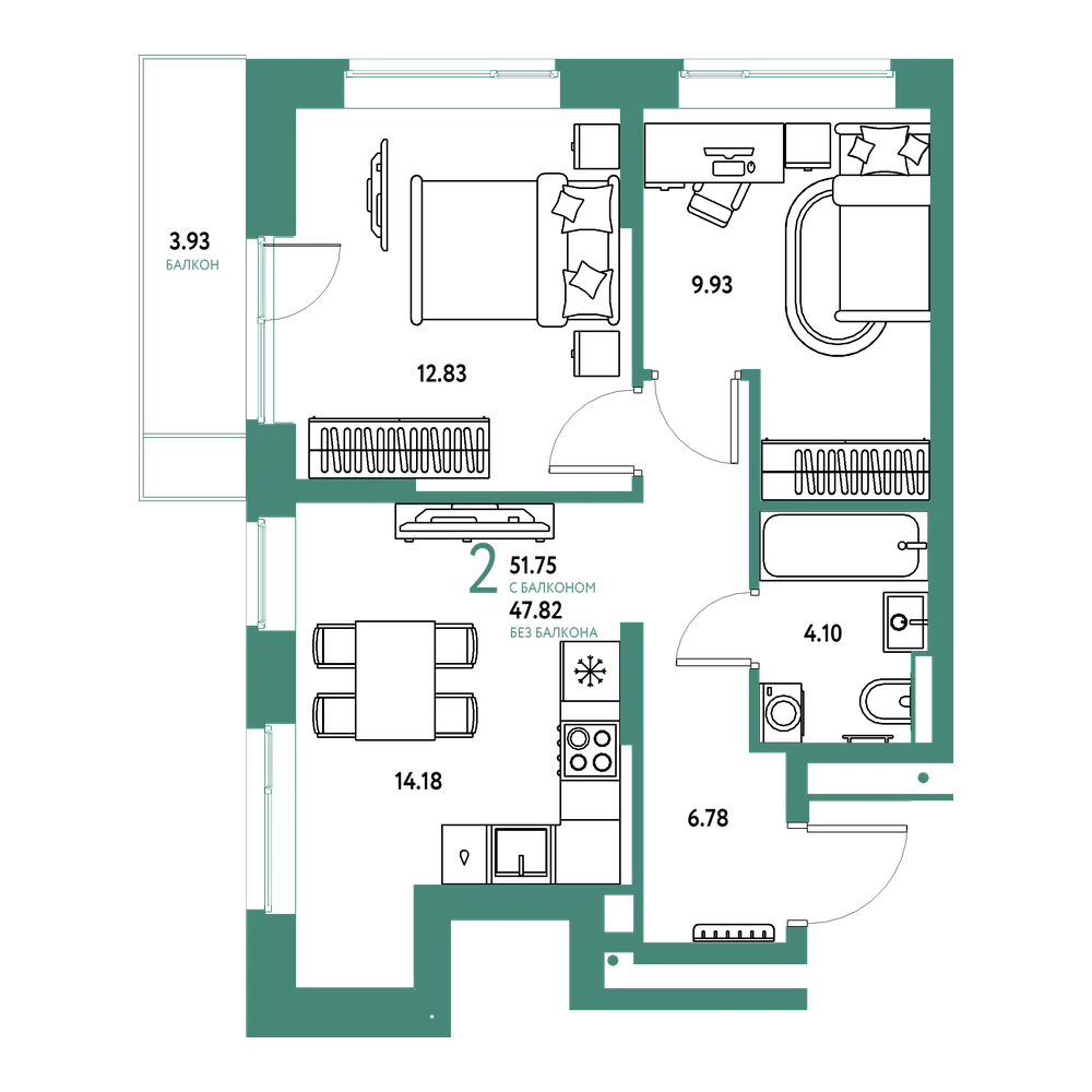 Планировка: 2-комнатная 51,75 м²