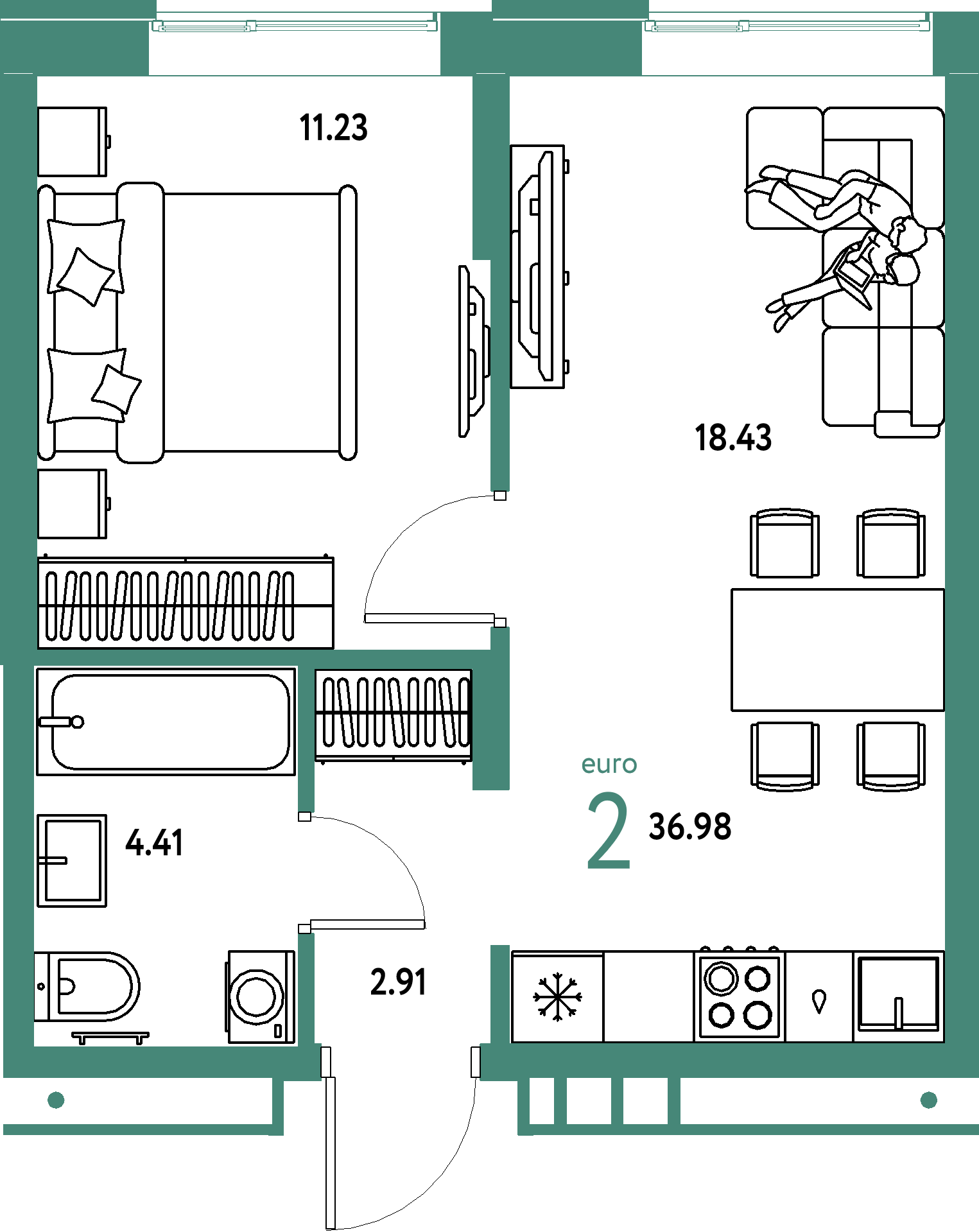 Планировка: Евродвушка 36,98 м² в ЖК «Домашний»